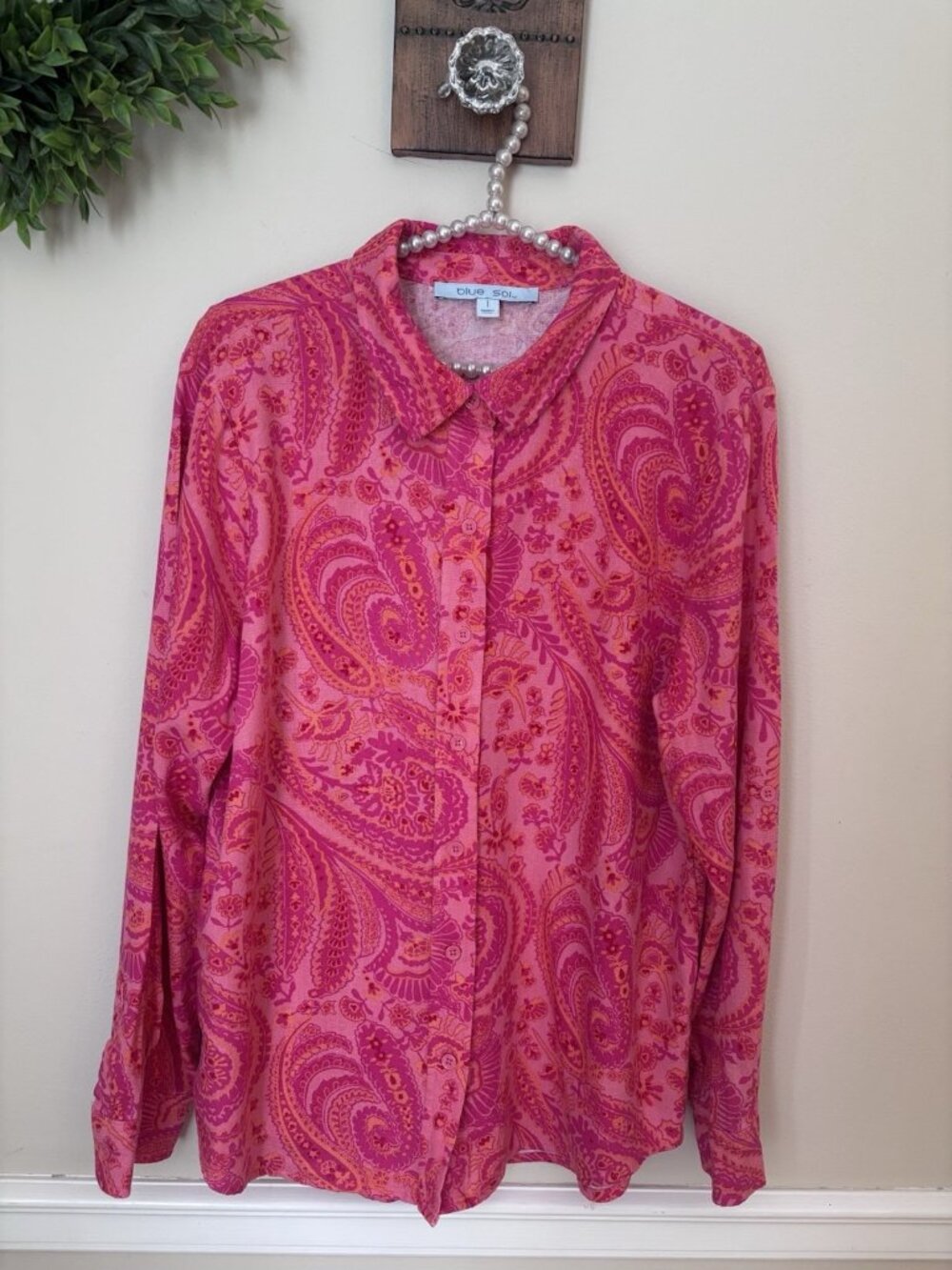 Blue Sol Womens Size L Pink Linen Blend Blouse Paisley Floral Long Sleeve